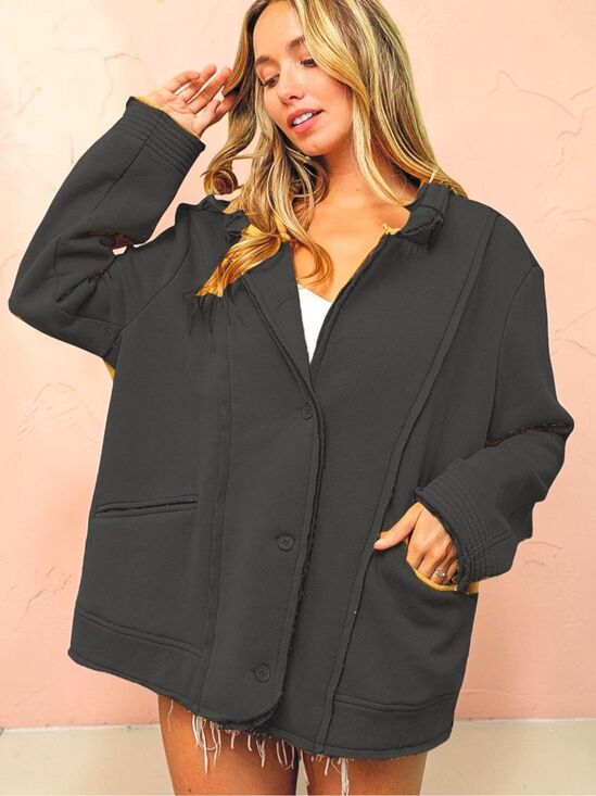 BiBi Jackets & Blazers - BiBi Charcoal Oversized Blazer Jacket Washed Black Knit Raw Edge Button Front